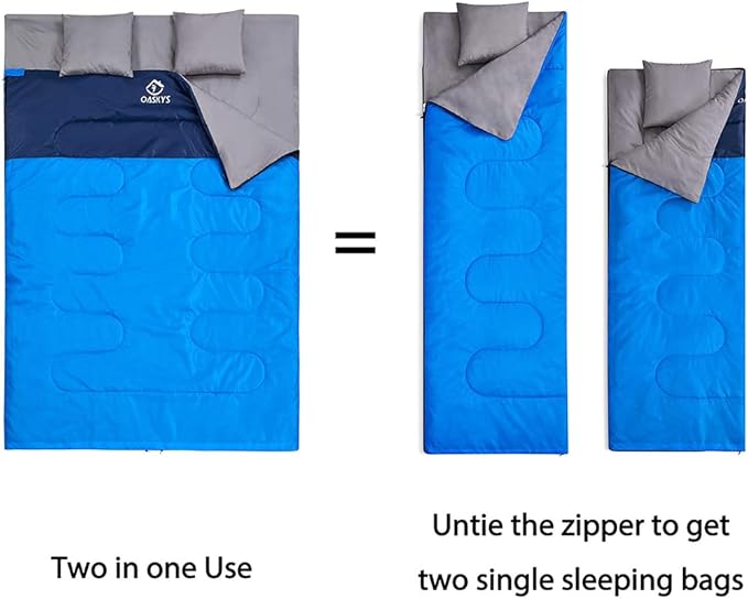 oaskys Double Sleeping Bag for Adults with 2 Pillows - Queen Size XL Waterproof Sleeping Bag for All Season Camping Hiking Backpacking 2 Person Sleeping Bags for Cold Weather & Warm