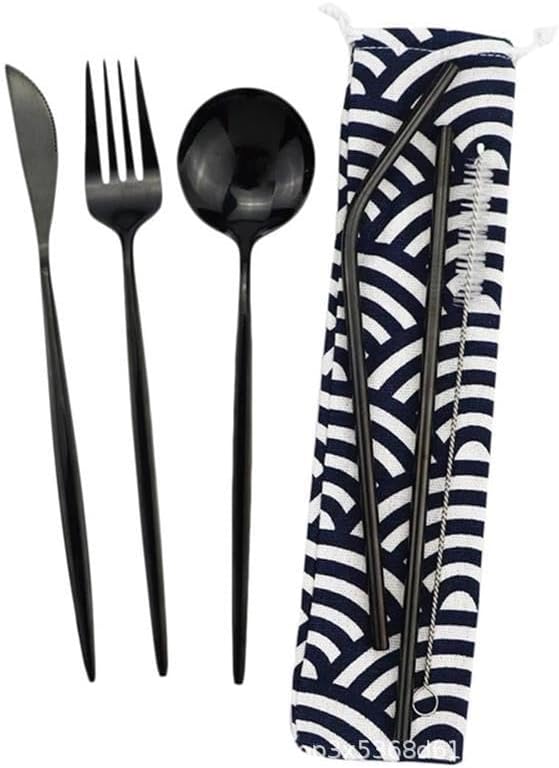 6/24/36/48/60/72 Pieces Stainless Steel Travel Camping Portable Tableware Set Straw Table Knife Spoon Fork Cleaning Brush Storage Bag(Black,10Set-60Pcs)