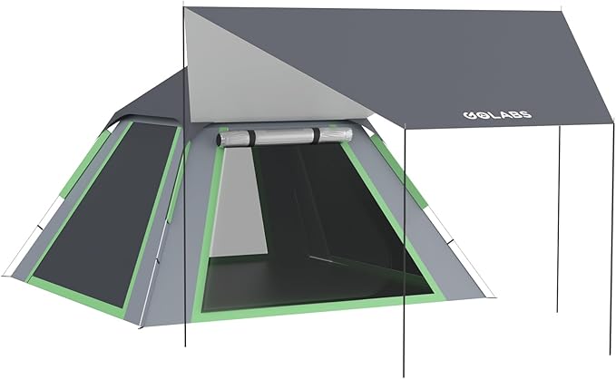 Golabs 3 Person Camping Tent w/ 9.5x8.5 ft Canopy, 3-Minute Setup by Pre-Attached Pole, PU1500mm Waterproof, 4 Side Mesh Tent Top & Door & Ventilation, Portable Family Tent w/Carry Bag & Pocket & Hook