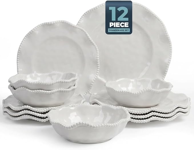 Melamine Dinnerware Sets Service for 4, Cream Plates and Bowls Set with Beaded Edge, BPA Free Dishwasher Safe, Heavy Duty Shatterproof Unbreakable Tableware for Wedding Party Camping Outdoor