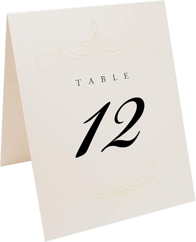 Decadent Flourish Wedding Table Numbers (Select Color/Quantity), Champagne, Ivory, 1-45, Double Sided, Tent or Use in a Stand, Great for Parties & Restaurants - Made in the USA