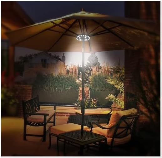 Patio Umbrella Light 3 Brightness Modes Cordless,with 24+4 Cool White LEDs-4 * AA Battery Operated Umbrella Lights,Fits 1.15"-2" Umbrella Poles,for Patio Umbrellas,Camping Tents and Indoor Use