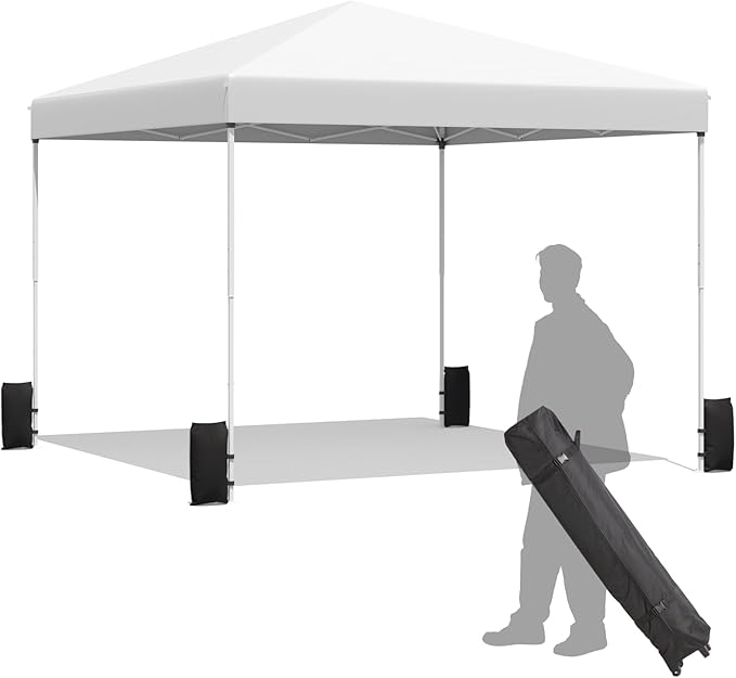 EROMMY 10x10 Pop Up Tent, Easy to Set Up Outdoor Canopy, Portable Gazebo for Events, Parties, Camping with Wheeled Bag, 4 Sand Bags, 4 Ropes and 8 Spikes(White)