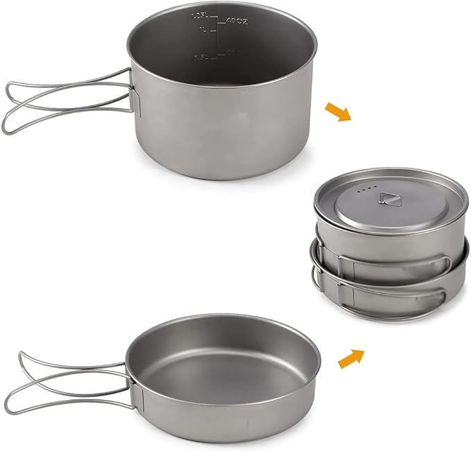 Titanium Bowls Camping Cookware Set Camping Pot Outdoor Pan Outdoor Cooking Tableware with Foldable Handles Mesh Sack,