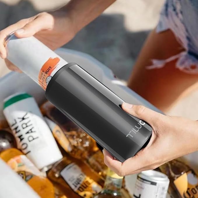TILUCK Skinny Can Cooler for Slim Beer & Hard Seltzer, Stainless Steel, Doucle-Walled Stainless Steel Insulated Slim Cans, Standard 12 oz (Glitter Black)