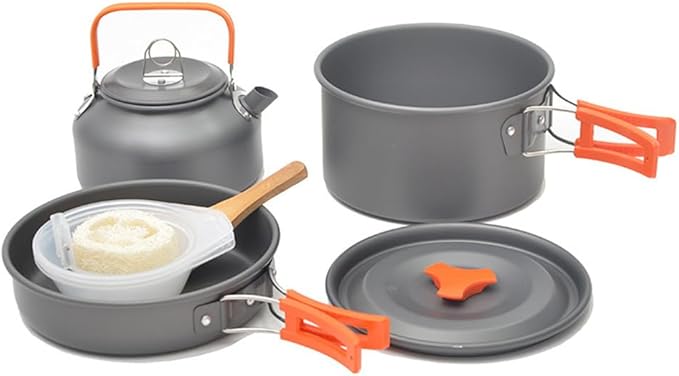Outdoor Camping Cookware Kit Aluminum Portable Nonstick Cooking Water Kettle Pot Pan Set for Hiking Picnic BBQ Tableware,Black,A-Orange-A