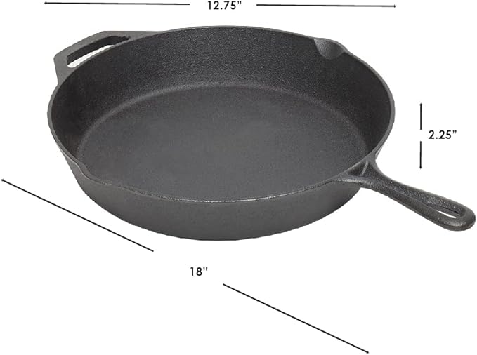 12" Cast Iron Skillet (Black), By Home Basics | Frying Pan For Pancakes, Meat, and Fish | Large Skillet For Stovetop and Campfire | Nonstick With Pour Spouts