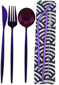 6/24/36/48/60/72 Pieces Stainless Steel Travel Camping Portable Tableware Set Straw Table Knife Spoon Fork Cleaning Brush Storage Bag(Purple,4Set-24Pcs)