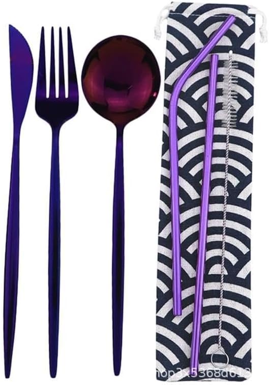 6/24/36/48/60/72 Pieces Stainless Steel Travel Camping Portable Tableware Set Straw Table Knife Spoon Fork Cleaning Brush Storage Bag(Purple,4Set-24Pcs)