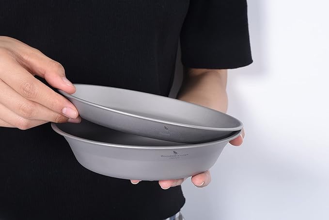 Boundless Voyage Ultralight Titanium Bowl Pan Plate Dish with Carry Bag Outdoor Camping Portable Tableware Cookware (2 Pcs Set (Shallow Bowl+Plate))