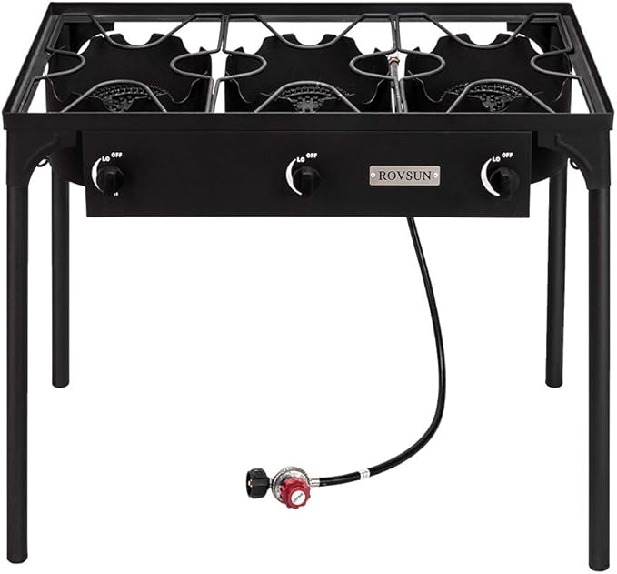 Bonnlo 3 Burner Outdoor Portable Propane Stove Gas Cooker, Heavy Duty Iron Cast Patio Burner with Detachable Stand Legs for Camp Cooking (3-Burner 225,000-BTU)