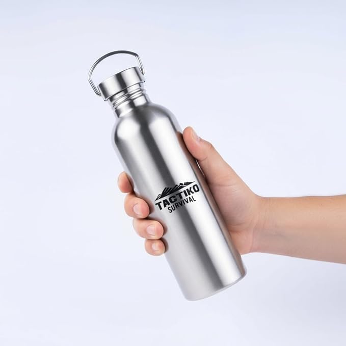 Tactiko Survival 25 oz/750 ml Stainless Steel Wide Mouth Water Bottle, Single Wall Boil-Safe, Leakproof, BPA-Free with Carry Sleeve and Strap for Camping, Hiking, Outdoor Prep (Camo)