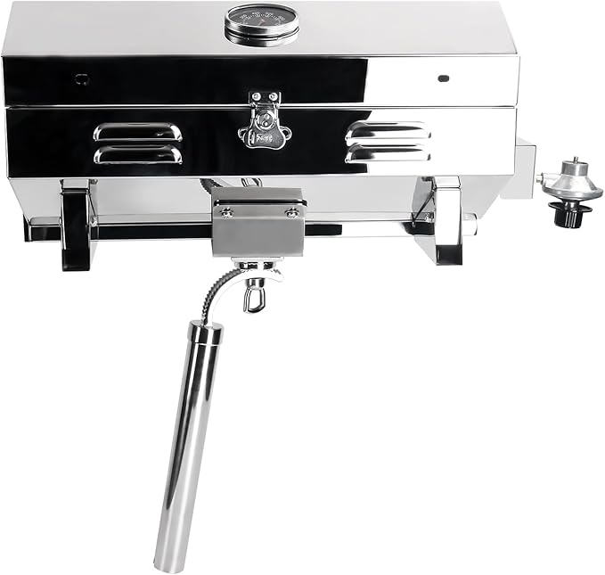 Boat Grill, 304 Stainless Steel Marine Grills w/Rod Holder Mount, Portable Propane BBQ for Boats & Tailgating & Camping, Built in Thermometer (Grill)