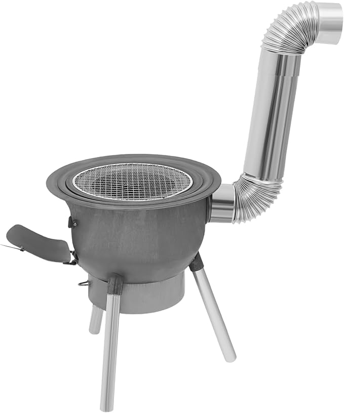 Wood Burning Stove with Grill Rack, Portable Camping Rocket Stove Chimney Charcoal Grill & 3 stove rings, for Outdoor Backyard Cooking, Picnic and Barbecue (Silver+Grey, 16.9 in)