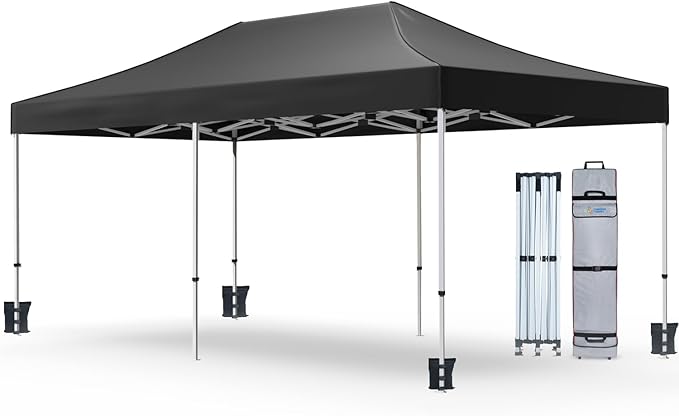 AMERICAN PHOENIX 10x20 Pop Up Canopy Tent Heavy Duty Commercial Shelter for Party, Outdoor Events and Patio Portable Instant Market Gazebo with Roller Bag, Camping Tarp, 4 Ropes and 4 Stakes (Black)