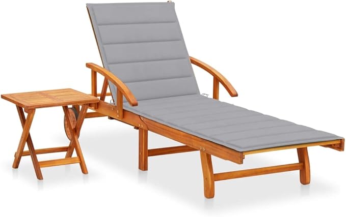Patio Sun Lounger with Table and Cushion Solid Acacia Woodrecliner Patio Tanning Chair Camping chairsSuitable for Garden Courtyard