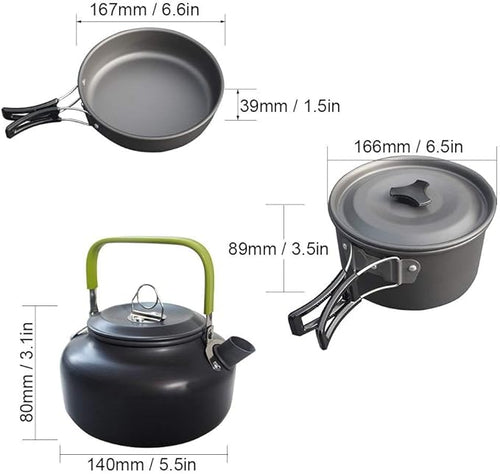 -Light Aluminum Alloy Camping Cookware Utensils Outdoor Cooking Teapot Picnic Tableware Kettle Pot Frying Pan 3pcs/Set