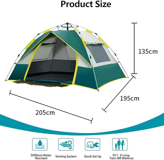Pop Up Family Camping Tent, Dome 3-4 Persons Lightweight Backpacking Tent, Waterproof Automatic Camping Tent,UV Cut, Easy Setup, for Beach, Camping and Outdoor Activity