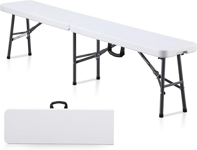 KAIHAOWIN 6FT Plastic Folding Bench White with Carrying Handle Indoor/Outdoor Portable Seat for Picnic, Camping, Dining, Party