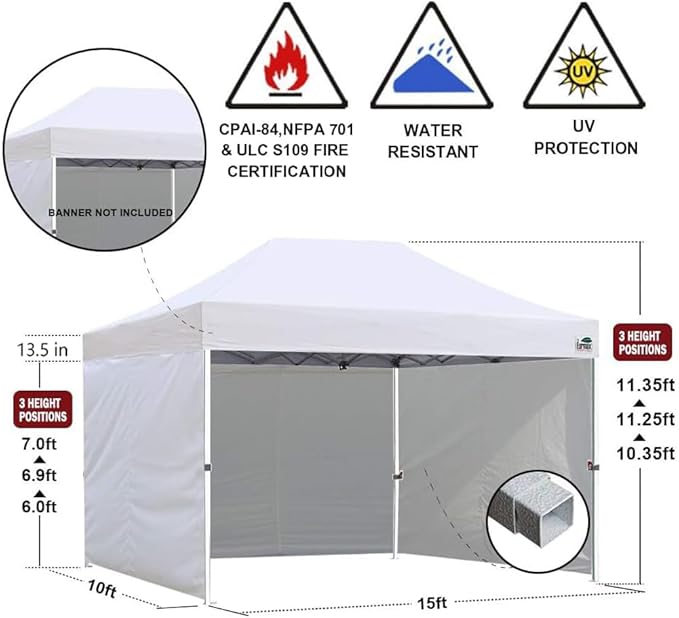 Eurmax USA 10'x15' Pop-up Canopy Tent Commercial Instant Canopies with 4 Removable Zipper End Side Walls and Roller Bag, Bonus 4 SandBags(Gray)