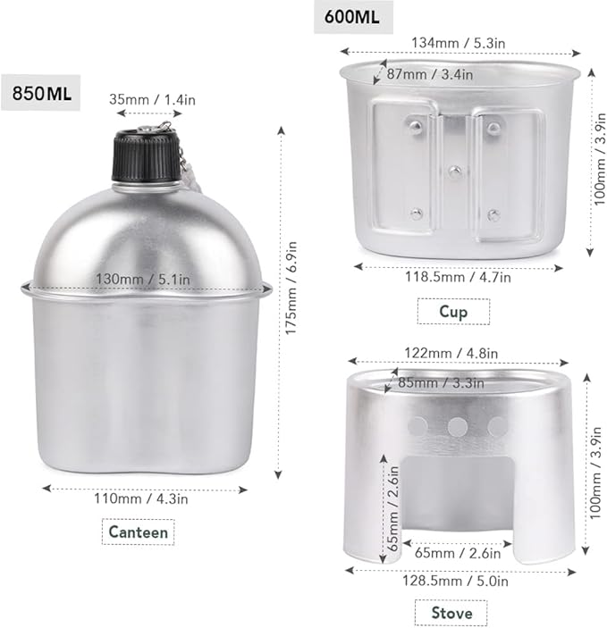 Lixada 3 x Military Canteen Set of 3 Aluminium Cookware Set with Cover for Camping Hiking Backpack