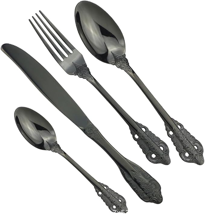 Silverware Flatware Cutlery Set， 4/16/24/32/40/48-piece Palace Tableware Set Retro Embossed Tableware Creative Golden Tableware Knife， Fork and Spoon Set，Black-12Set-48Pcs