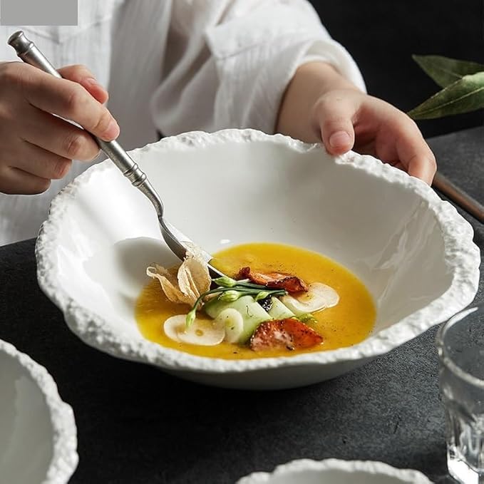 Camping Plates Simple White Ceramic Soup Bowl Kitchen Restaurant Special Tableware Creative Texture Salad Bowl Noodles Bowls Dinner Plate Dish Plate Decorative Plate(A 8inch)