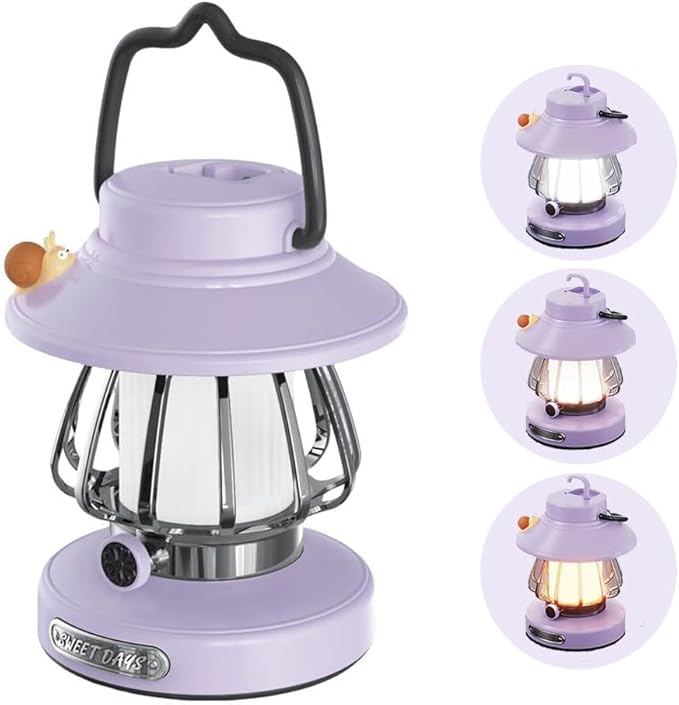 Kids Lantern with 3 Color Light & USB-C Rechargeable, Dimmable Camping Night Light for Children, Safe & Durable ABS Plastic Toddler Flashlight for Bedroom, Tent, Emergency (Purple)