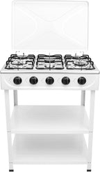 Gas Stove 5 Burner, 2500W Portable Natural Gas Stove Outdoor Camping BBQ Stove Gas Cooker with Independent Control and 2 Tier Storage Rack for Camping Picnic Home RV Cooking (White)