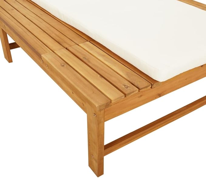 Sun Lounger with Cream White Cushion and Pillow Solid Wood Acaciapatio Chairs Outdoor Lounge Chairs Tanning Chair Recliner chairSuitable for Gardens, courtyards