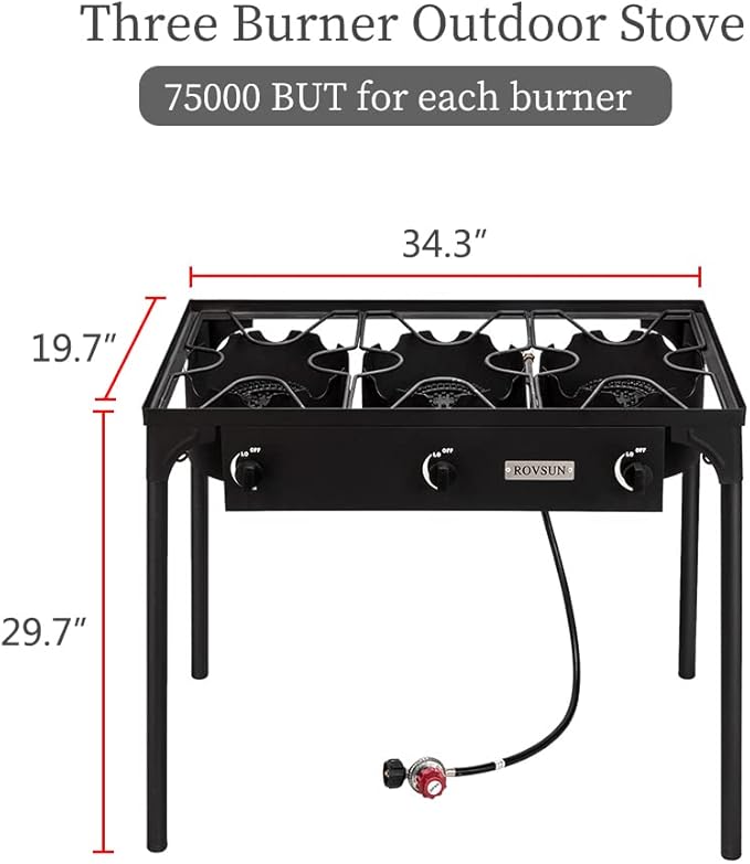 Bonnlo 3 Burner Outdoor Portable Propane Stove Gas Cooker, Heavy Duty Iron Cast Patio Burner with Detachable Stand Legs for Camp Cooking (3-Burner 225,000-BTU)