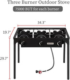 Bonnlo 3 Burner Outdoor Portable Propane Stove Gas Cooker, Heavy Duty Iron Cast Patio Burner with Detachable Stand Legs for Camp Cooking (3-Burner 225,000-BTU)