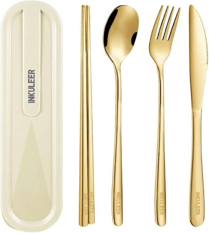 Travel cutlery set, 18/8 stainless steel cutlery, Reusable utensils set with case, Portable Silverware Lunch Box for Camping and Office-Stainless steel (Gold)