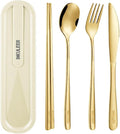 Travel cutlery set, 18/8 stainless steel cutlery, Reusable utensils set with case, Portable Silverware Lunch Box for Camping and Office-Stainless steel (Gold)