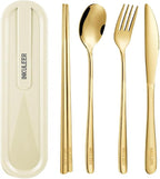 Travel cutlery set, 18/8 stainless steel cutlery, Reusable utensils set with case, Portable Silverware Lunch Box for Camping and Office-Stainless steel (Gold)