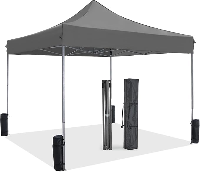 Sweetcrispy 10 x 10 Ft Pop Up Canopy Tent Outdoor Use, Portable Shade Waterproof Beach Tent with Sand Bags for Events Backyard Parties, Grey
