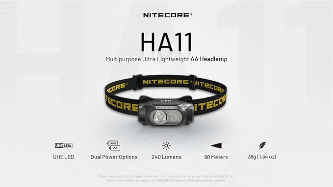 Nitecore HA11 Camping Headlamp, 240 Lumen Ultra Lightweight, use 1xAA Battery with Multi-Purpose Clip (Strap Headband)