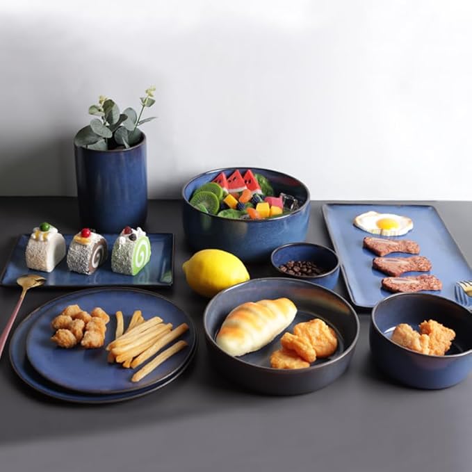 Camping Plates Blue Ceramic Tableware Nordic Style Western Steak Plate Sushi Rice Bowl Soup Salad Noodle Decorative Plate(7PCS)