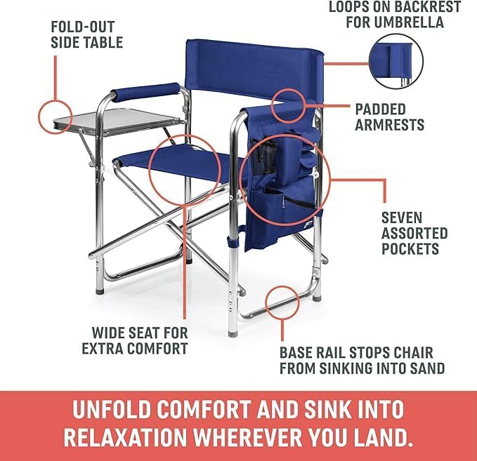 Picnic TIME Sports Chair with Side Table and Armrest Caddy, Lightweight Aluminum Folding Outdoor Camping Chair for Adults, Portable Director Style Lawn Seating with Pockets & Carry Strap, (Gray)
