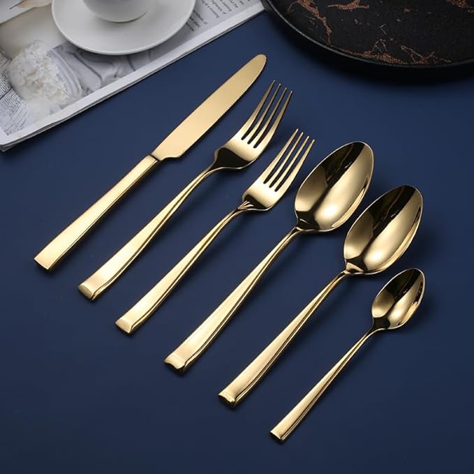 Cutlery Set Pieces Service Stainless Steel Titanium Flatware,16-piece Flatware Set, 4 Servings Tableware, Stainless Steel Cutlery, Including Knife, Fork and Spoon Teaspoon with Gold Wooden