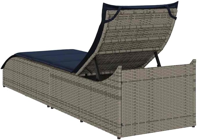 Folding Sun Lounger with Cushion and Storage Gray Poly Rattanrecliner Tanning Chair Camping Chairs Patio Suitable for Garden Courtyard