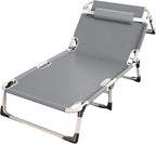 Oxford Cloth Camping Cot, Durable Steel Frame Folding Cot, Portable Folding Bed with Pillow, 4-Position Folding Chaise Lounge Chair