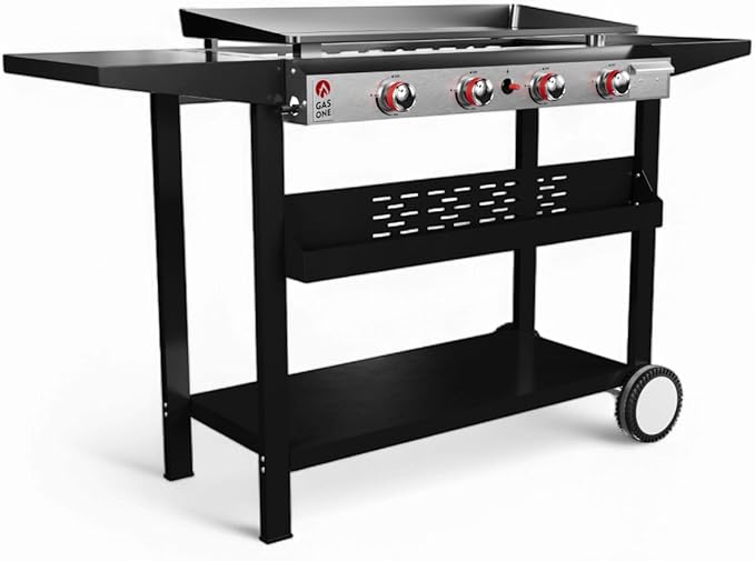 Gas One Flat Top Grill With 4 Burners - Premium Propane Outdoor Grill Cart - Stainless Steel Auto Ignition Camping Griddle - Easy Cleaning Cooking