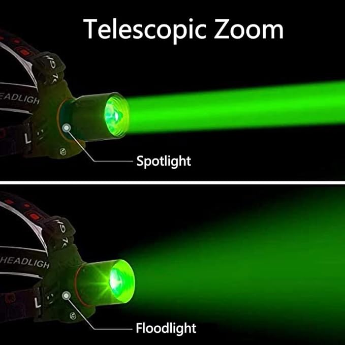 GRACETOP Green LED Headlamp Rechargeable, Greenlight Zoomable Green LED Flashlight, Hands-Free Headlight Torch Lamp for Hunting Hiking Camping Fishing Reading Running