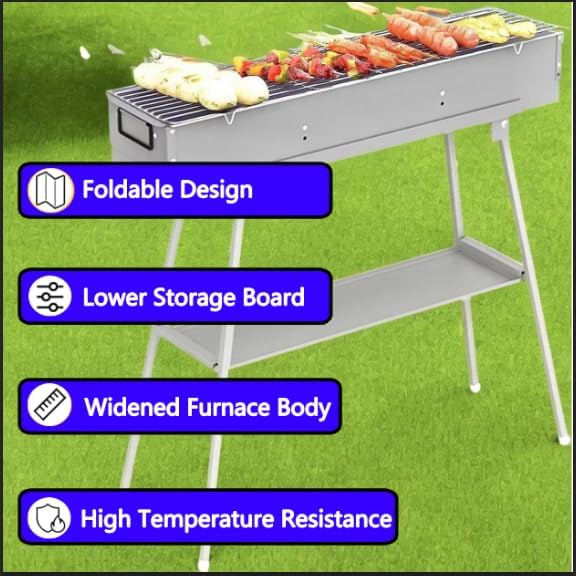 Portable Charcoal Grills, Stainless Steel BBQ Grill with Foldable Stand Adjustable Air Vents, Kebab Skewer BBQ Barbecue Grill Kit for Garden Backyard Party Picnic Travel Outdoor Use (31.6x7.1inch)