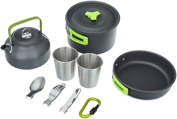 Camping Cookware Set Lightweight Portable Camping Pan Kettle Cups Outdoor Spoon Fork Cutter Outdoor Tableware for Picnic Hiking (Color : Orange) (Green)