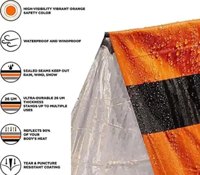 Orange Emergency Survival Tent - 2 Person Tube Tent with Survival Whistle & Paracord