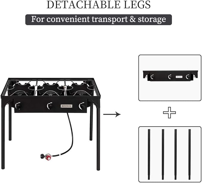 Bonnlo 3 Burner Outdoor Portable Propane Stove Gas Cooker, Heavy Duty Iron Cast Patio Burner with Detachable Stand Legs for Camp Cooking (3-Burner 225,000-BTU)