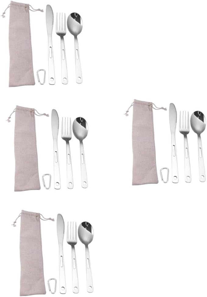 Yardwe 4sets Portable Stainless Steel Camping Cutlery Outdoor Tableware Fork Spoon and Cutter Compact Design for Easy Storage and Cleaning for Hiking and Picnics