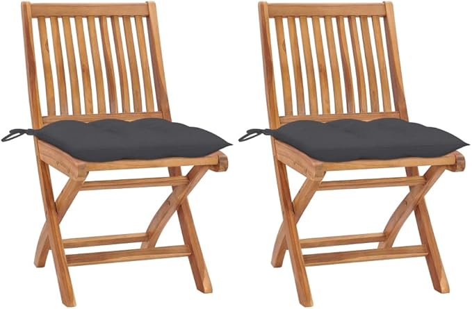 Foldable Teak Wood Garden Chair Set of 2, Anthracite, 22.8 x 18.3 x 34.6 in Portable Outdoor Seating with Weather Cushion, Compact Camping Chairs for Patio, Balcony, Picnic